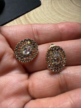 Gold-Tone Crystal Oval Stud Earrings - Clear Stones clip on